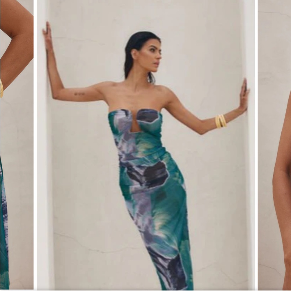 12th Tribe Teal & Navy Watercolor Strapless Midi Dress - Picture 5 of 6